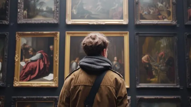 A figure contemplating a wall of classical paintings in a gallery.